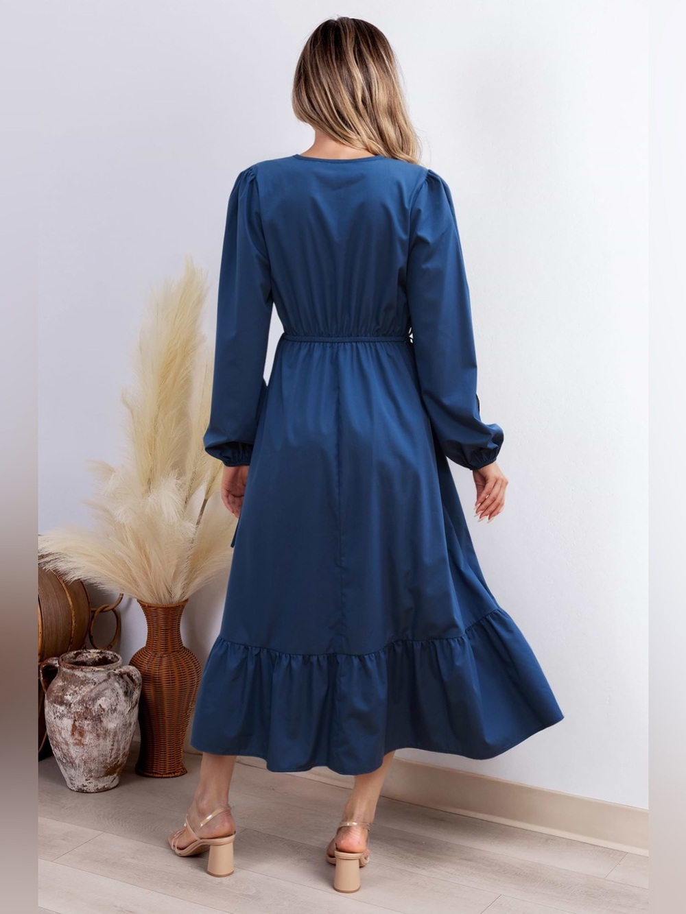 CUPSHE Moonlit Avenue Blue Maxi Dress Satin S Puff Shoulder Balloon Sleeve NEW - Picture 2 of 12